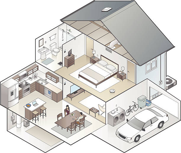 Detailed cutaway illustration of a modern house in isometric view.